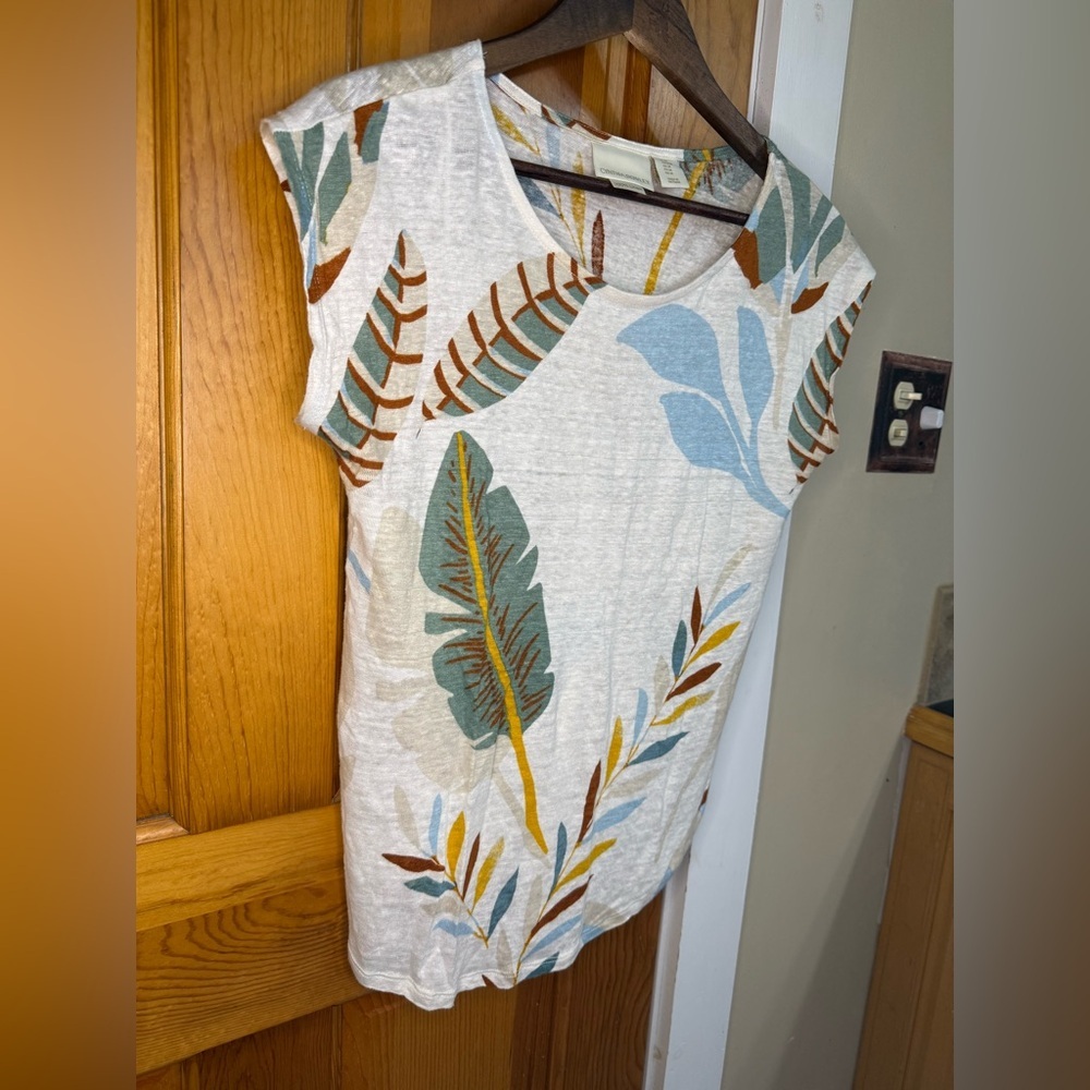 Cynthia Rowley Leaf Print Short Sleeve Top - Cream, Blue, Green, Brown - Picture 2 of 5